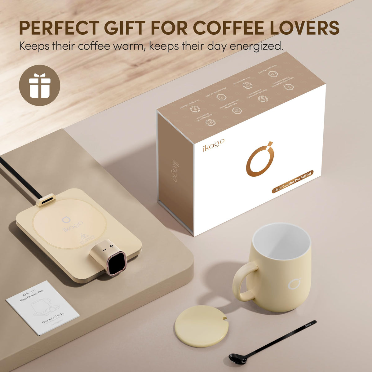 Ikago complete gift set includes mug, warmer, lid, and spoon for easy gifting.