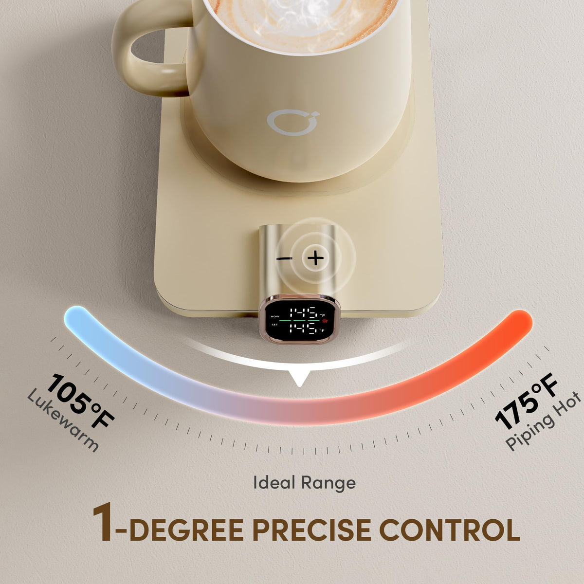 Ikago mug warmer with desk display shows real-time temperature for precise monitoring.