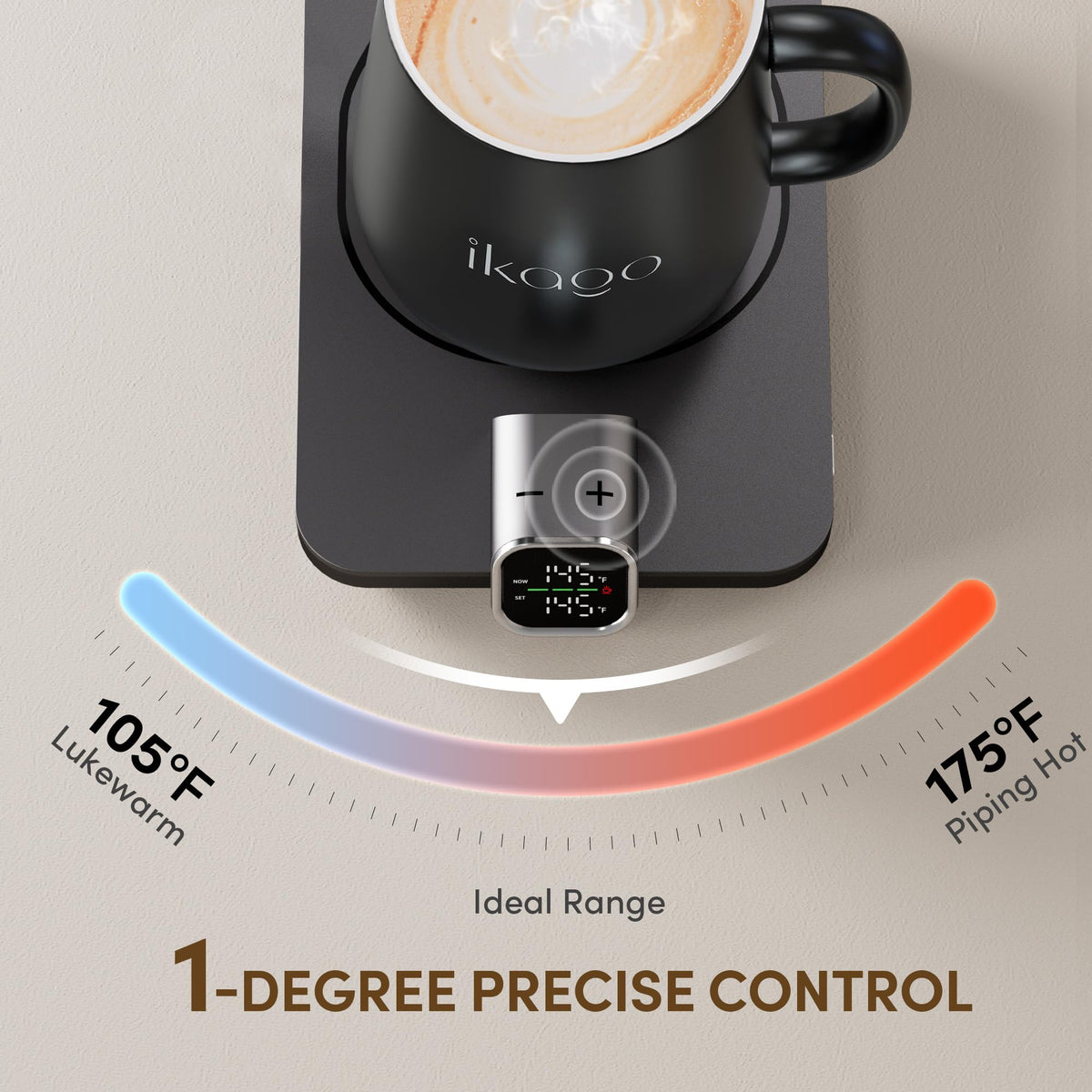 Ikago mug warmer showing real-time temperature display