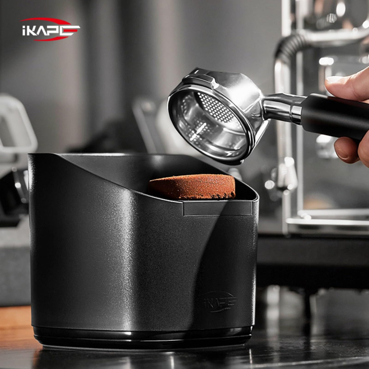 IKAPE 1.2L capacity shown, holds up to 15 pucks during busy sessions