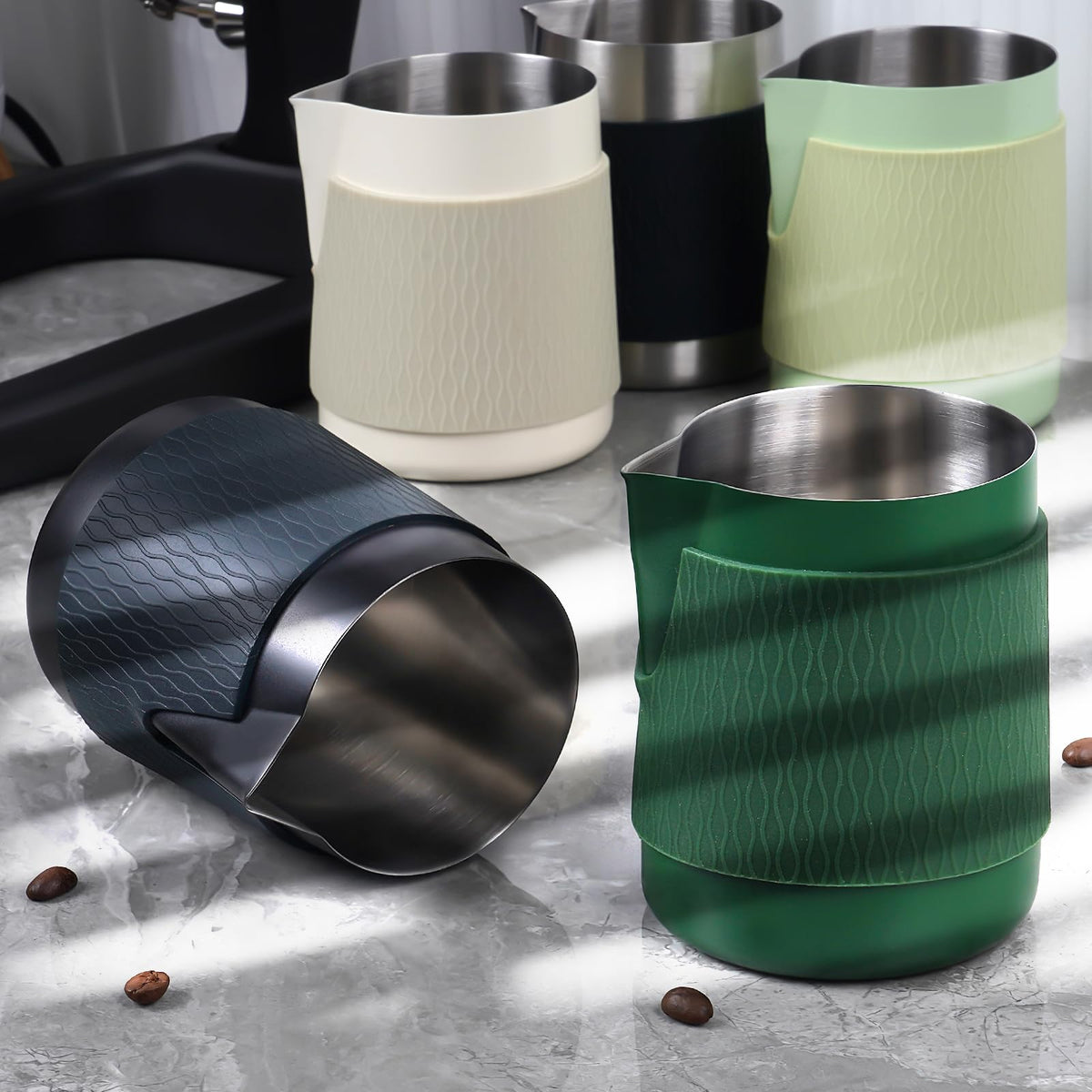 IKAPE silicone grip pad on frothing pitcher adds comfortable control.