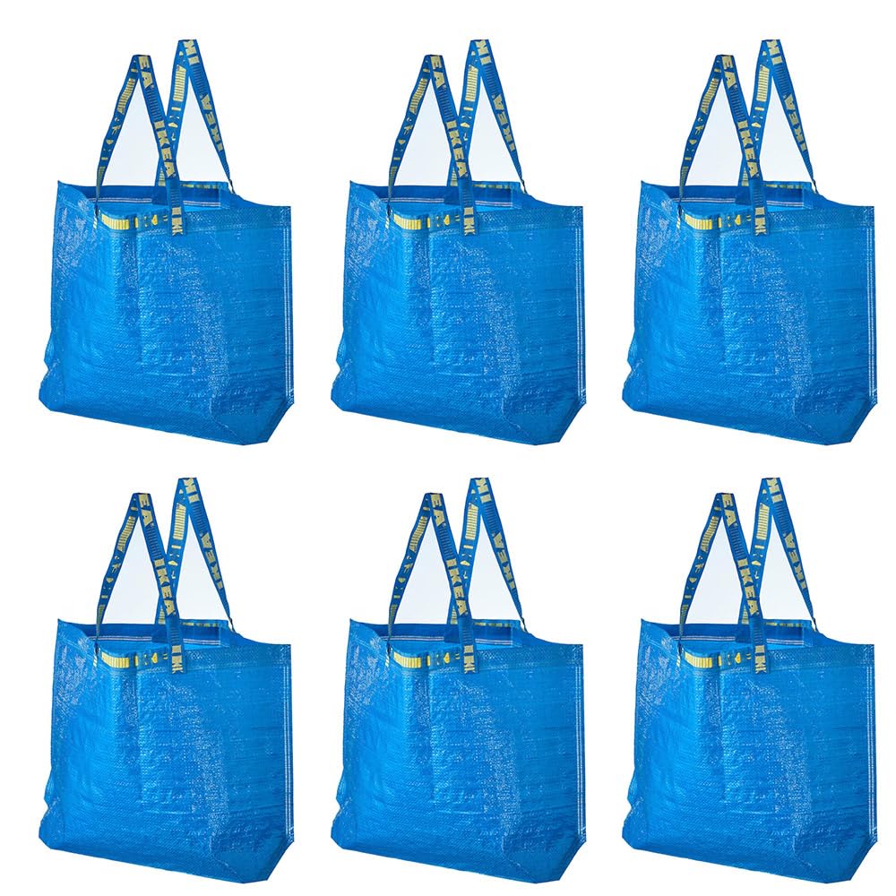 IKEA FRAKTA blue fold-flat bag shown, easy storage and quick cleaning.