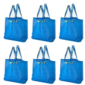 IKEA FRAKTA blue fold-flat bag shown, easy storage and quick cleaning.