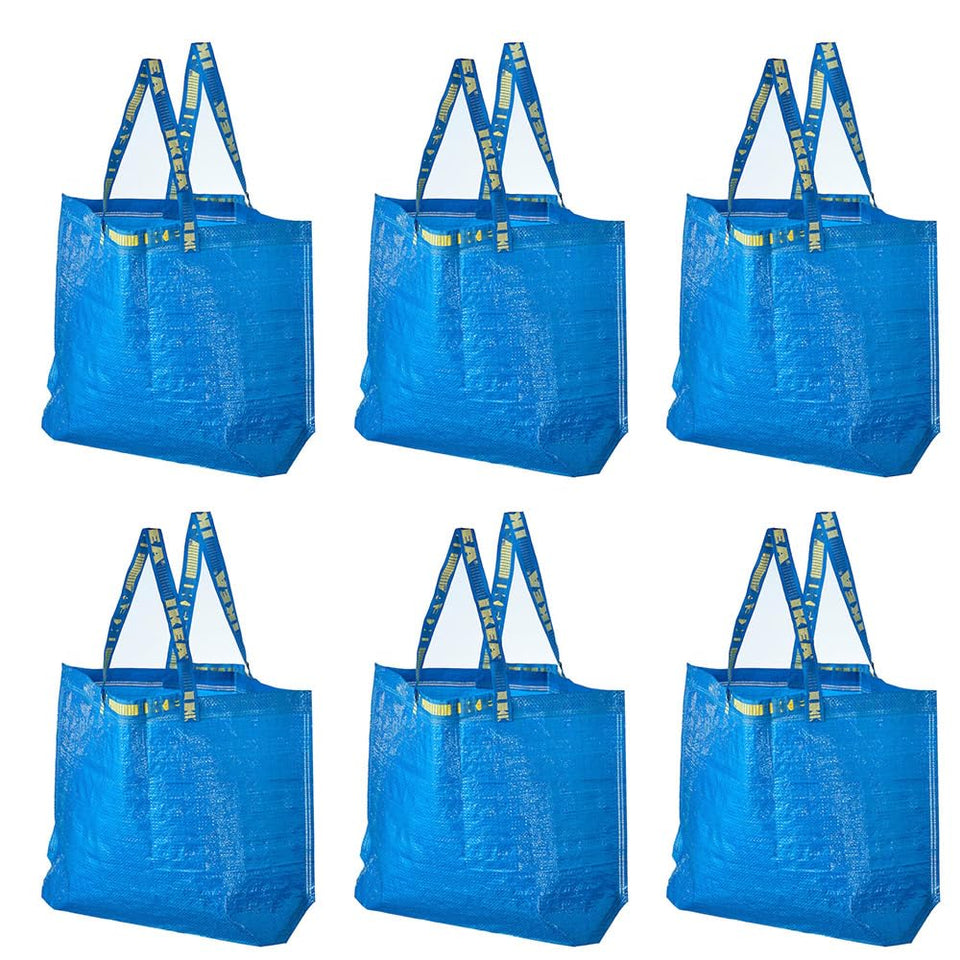 IKEA FRAKTA blue fold-flat bag shown, easy storage and quick cleaning.