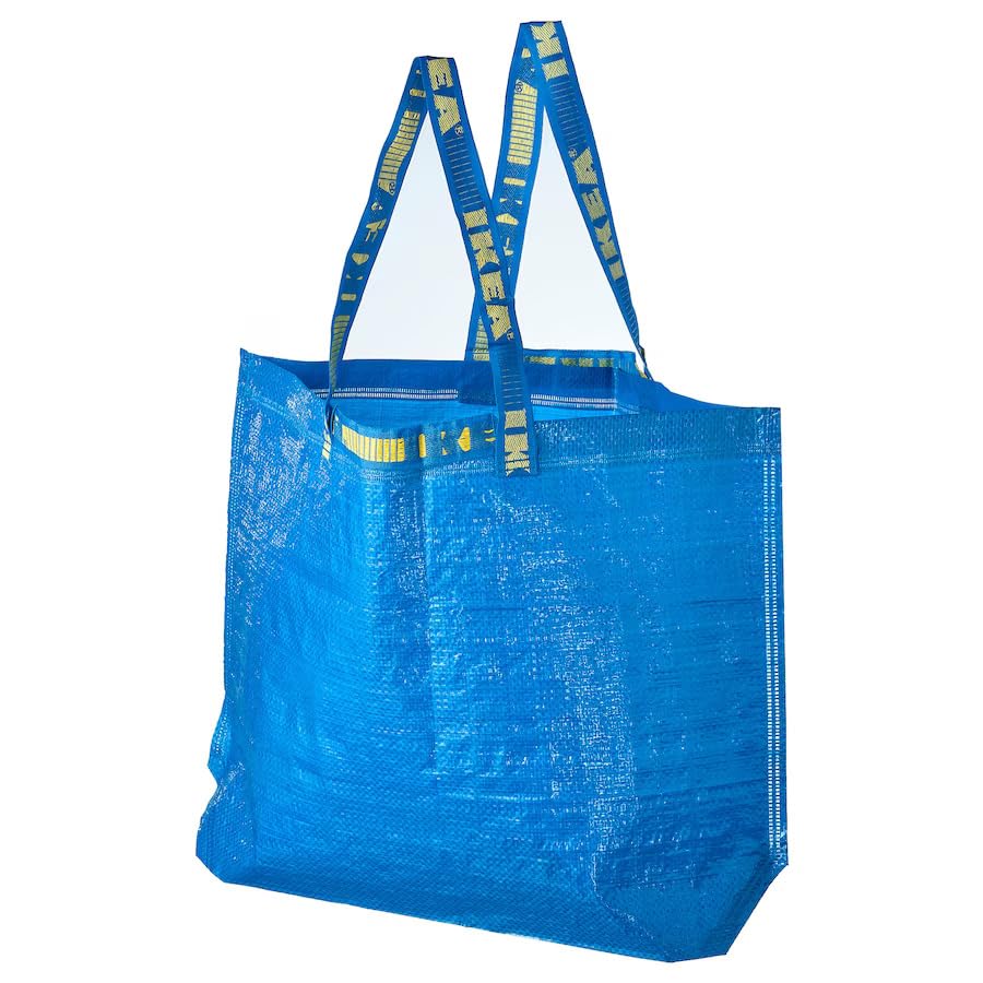 IKEA FRAKTA blue open-bag display highlighting versatility for shopping and hauling.