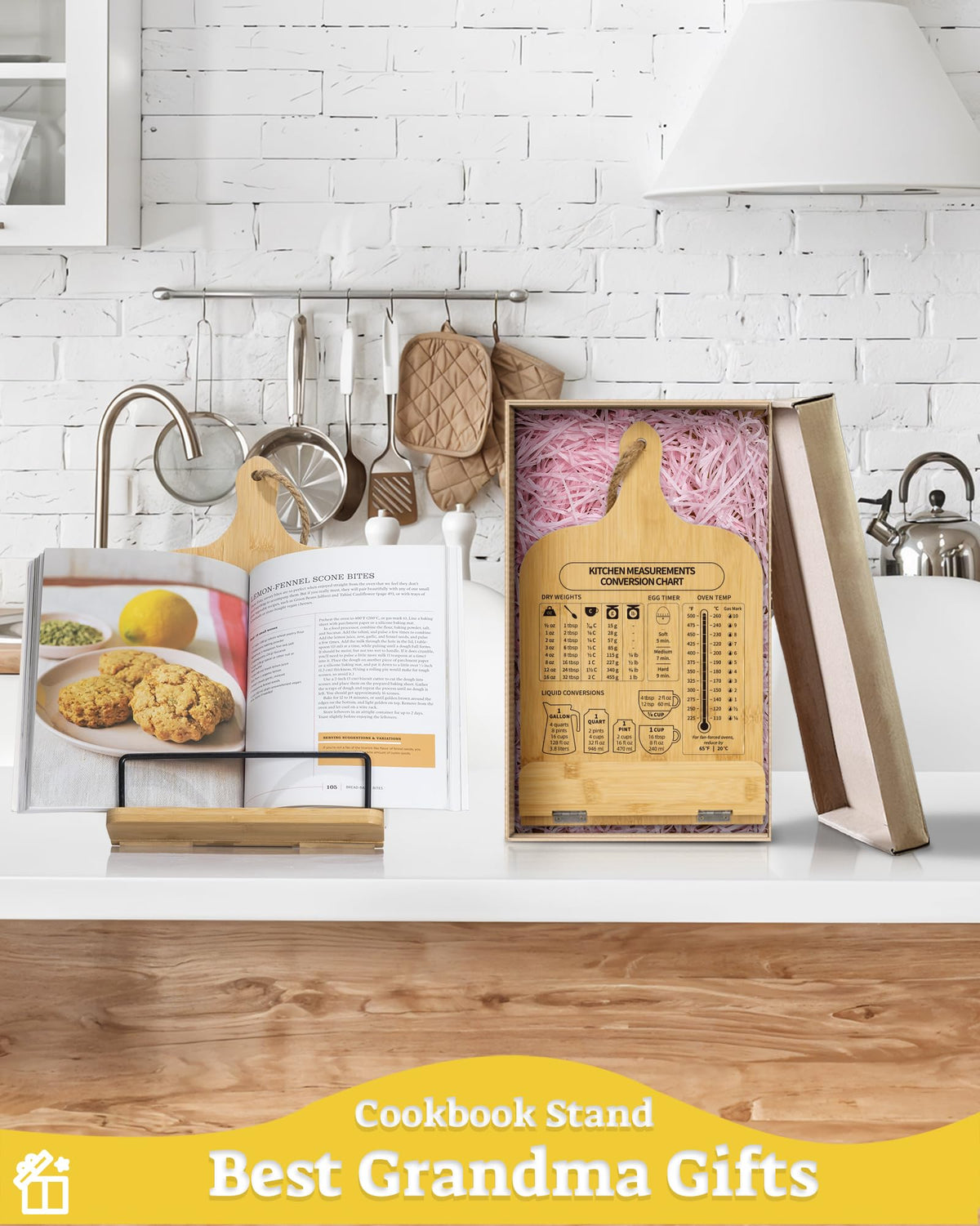 IKEDAS kitchen counter display stand doubles as a book and recipe holder.