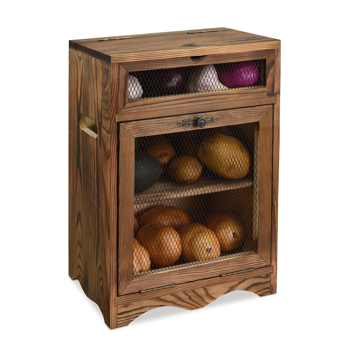Ikee Design wooden countertop potato storage bin with magnetic front doors for organized kitchen storage.