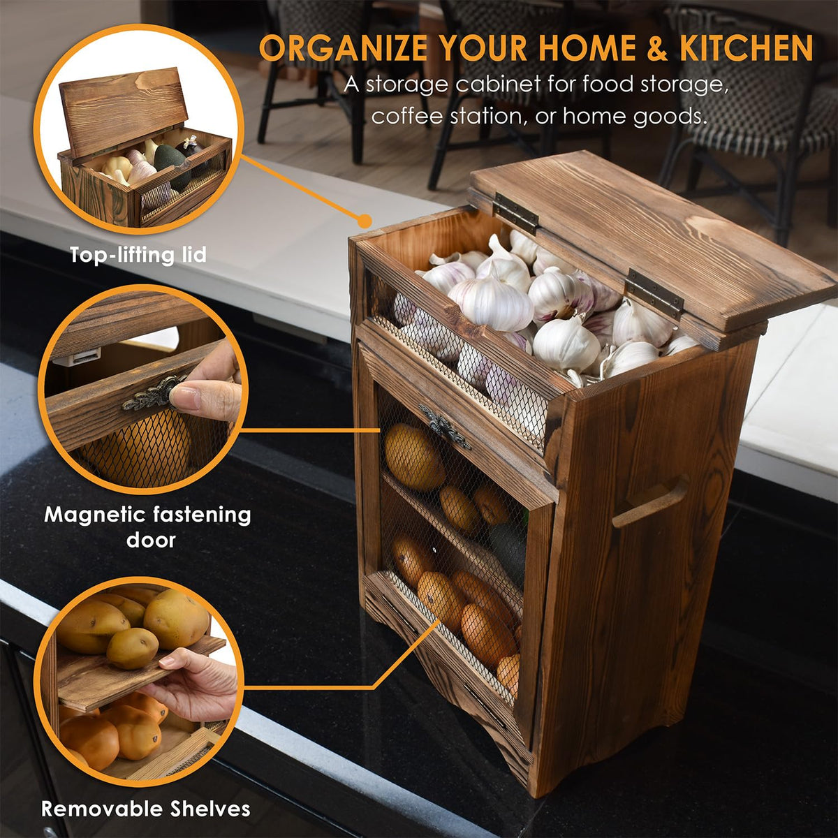 Ikee Design durable pine bin with removable shelf for flexible spacing on countertops.
