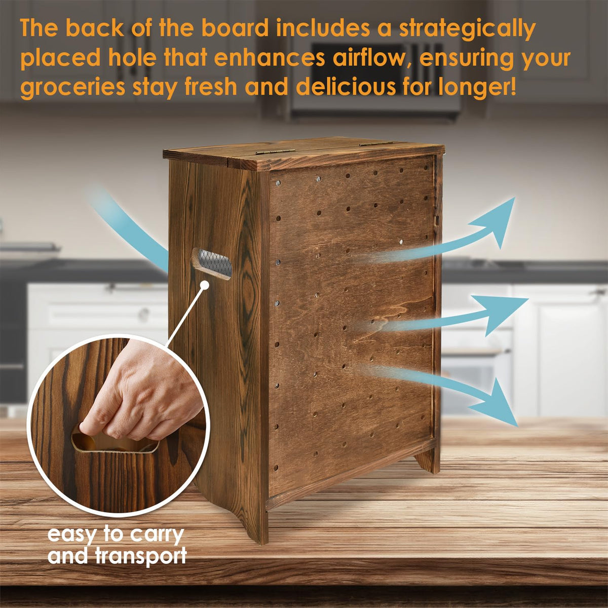 Ikee Design rustic wooden cabinet for pantry staples like garlic and shallots.