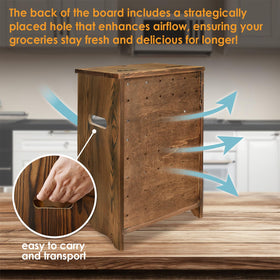 Ikee Design rustic wooden cabinet for pantry staples like garlic and shallots.