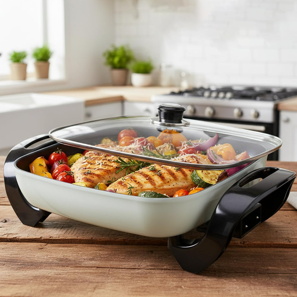 I-Keukenn 12-inch ceramic skillet front view in green for daily cooking