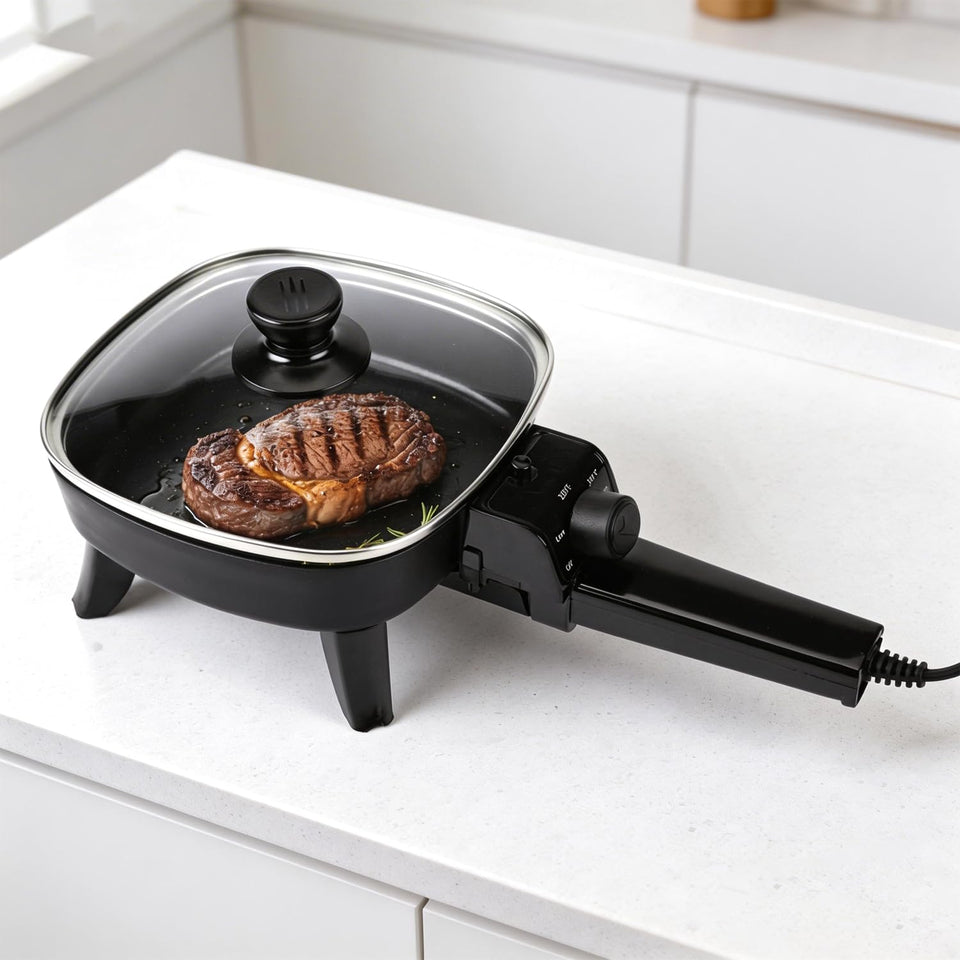 I-Keukenn 7 inch electric skillet with lid for quick single servings.
