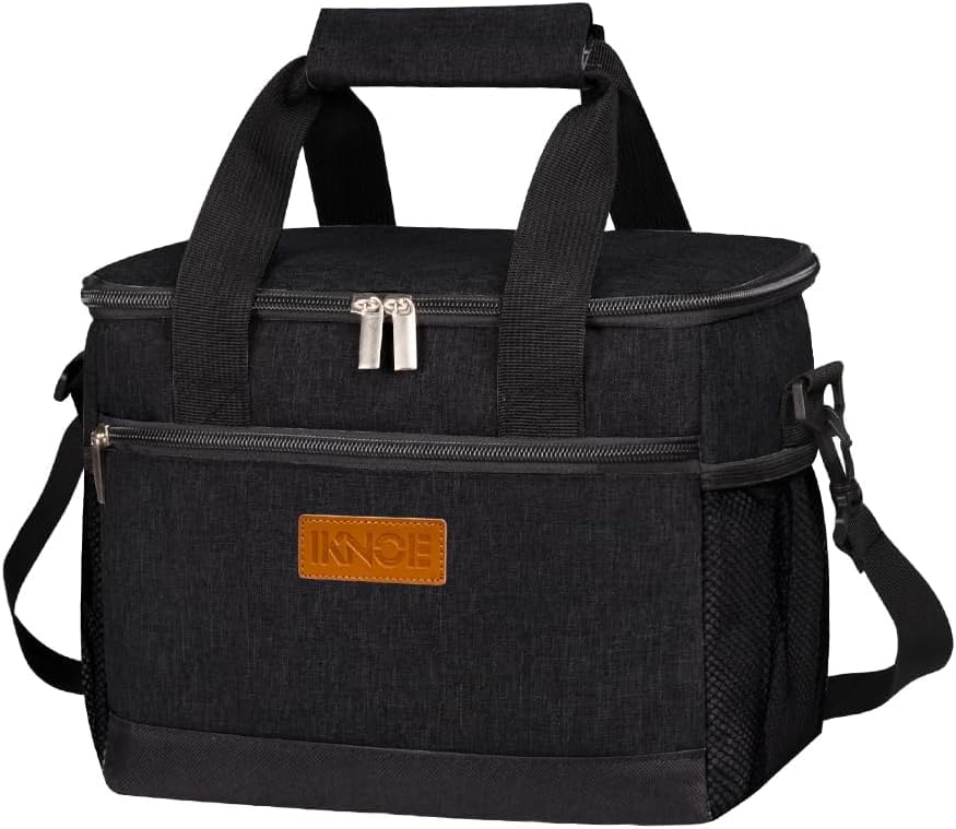 iknoe insulated lunch bag front view showing a sturdy black exterior for daily use