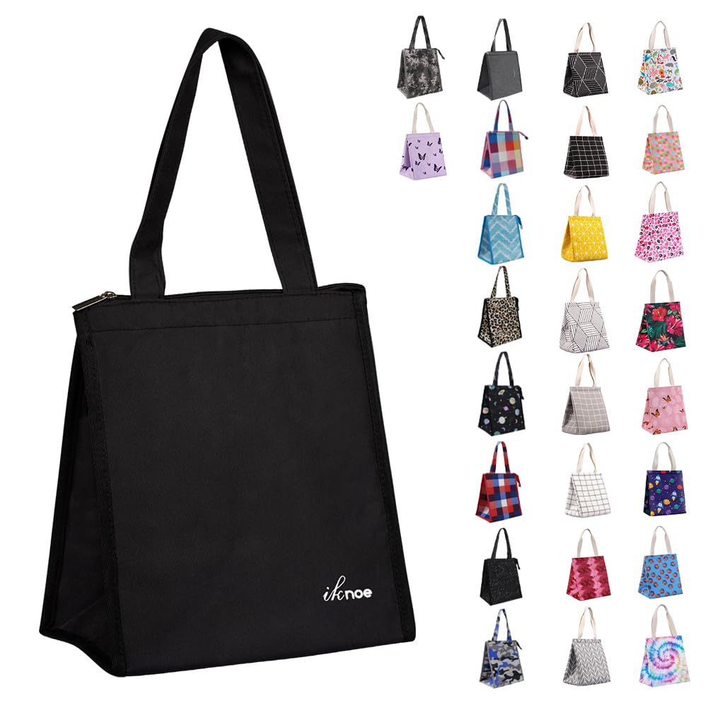 iknoe insulated lunch bag front view, plain black, ideal for daily meals.