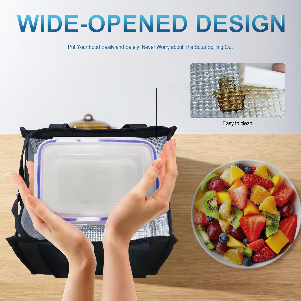 iknoe insulated lunch bag wide-open top enables easy packing.