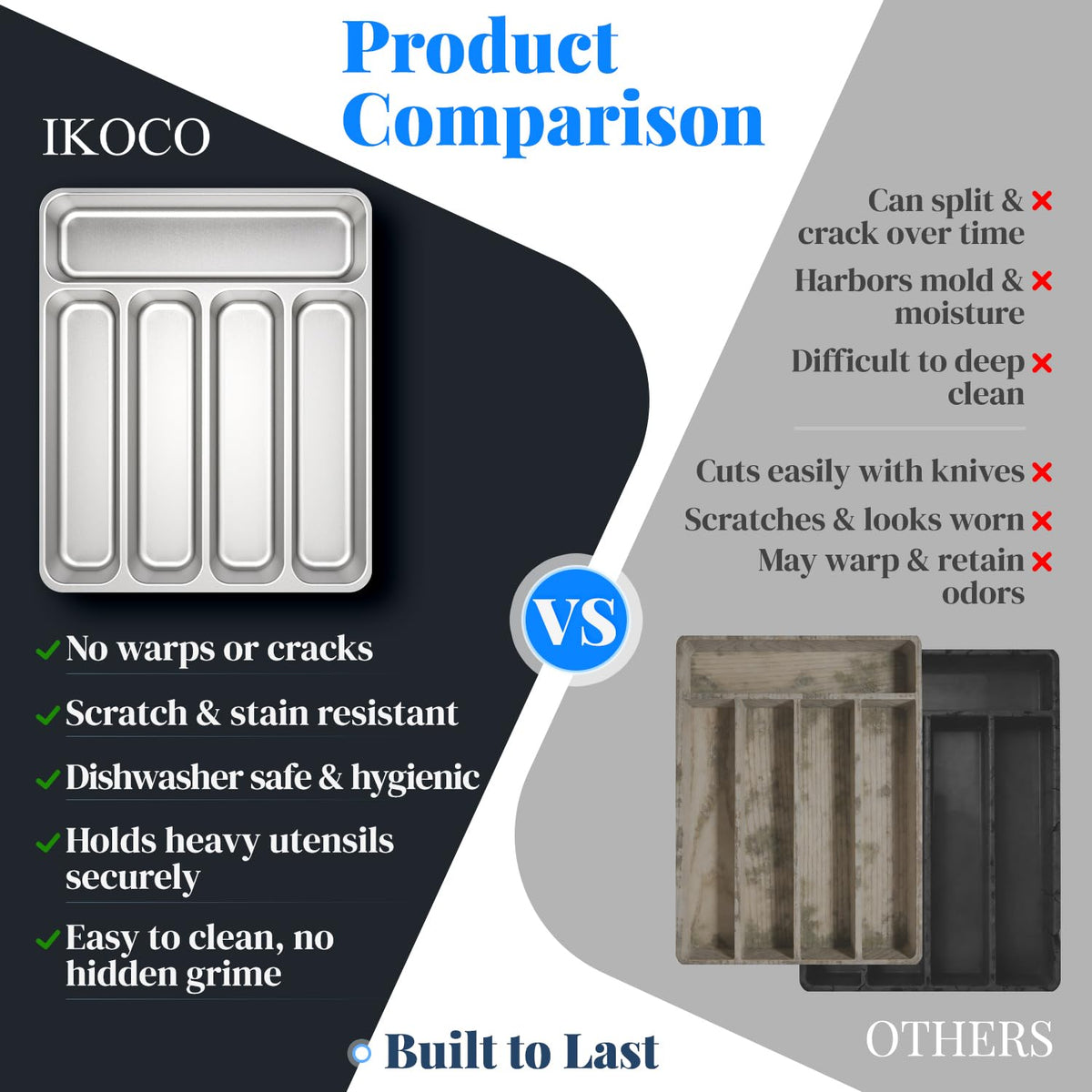 IKCO satin finish adds a modern touch to any drawer while organizing utensils.