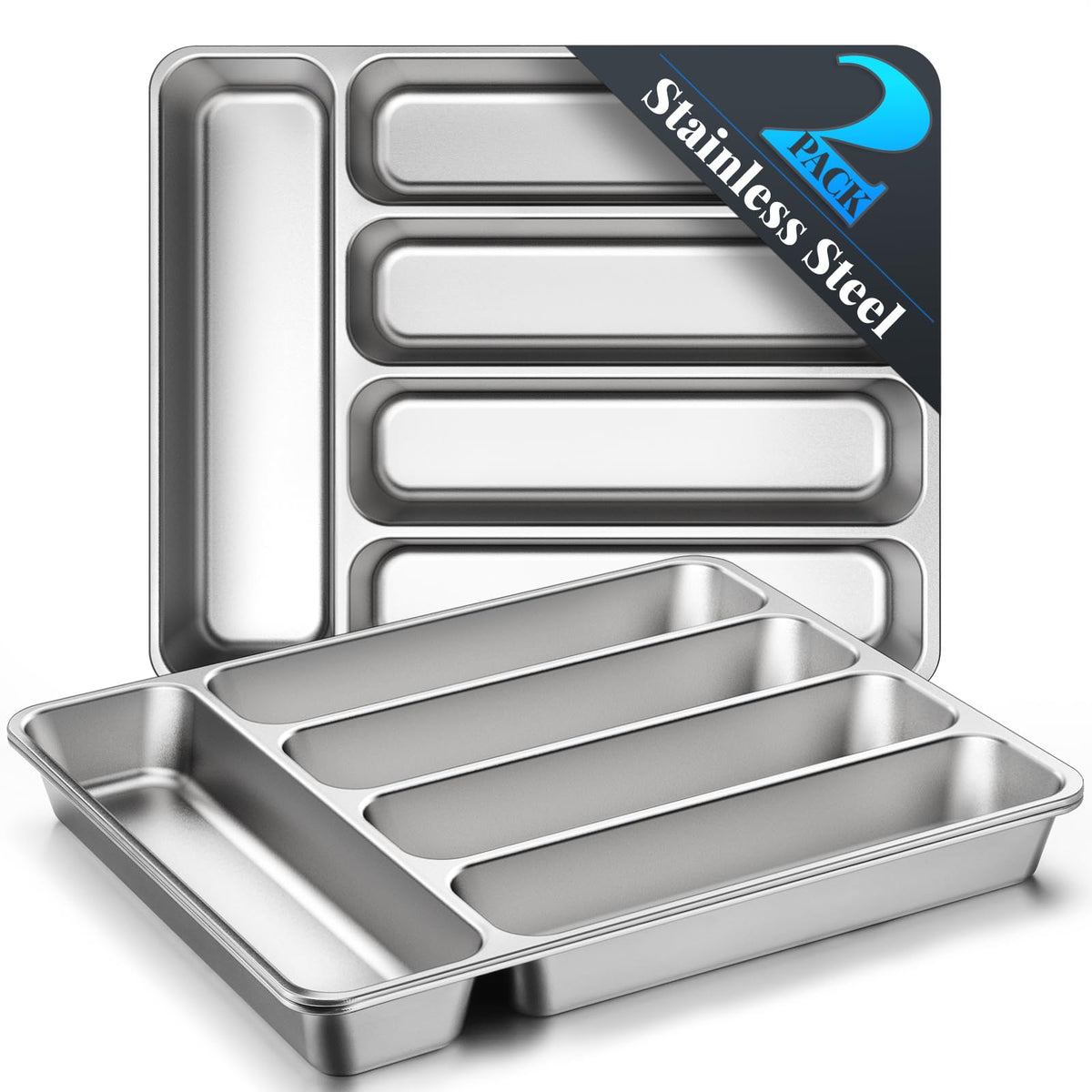 IKCO silverware organizer with five compartments fits in standard drawers for tidy utensil storage.