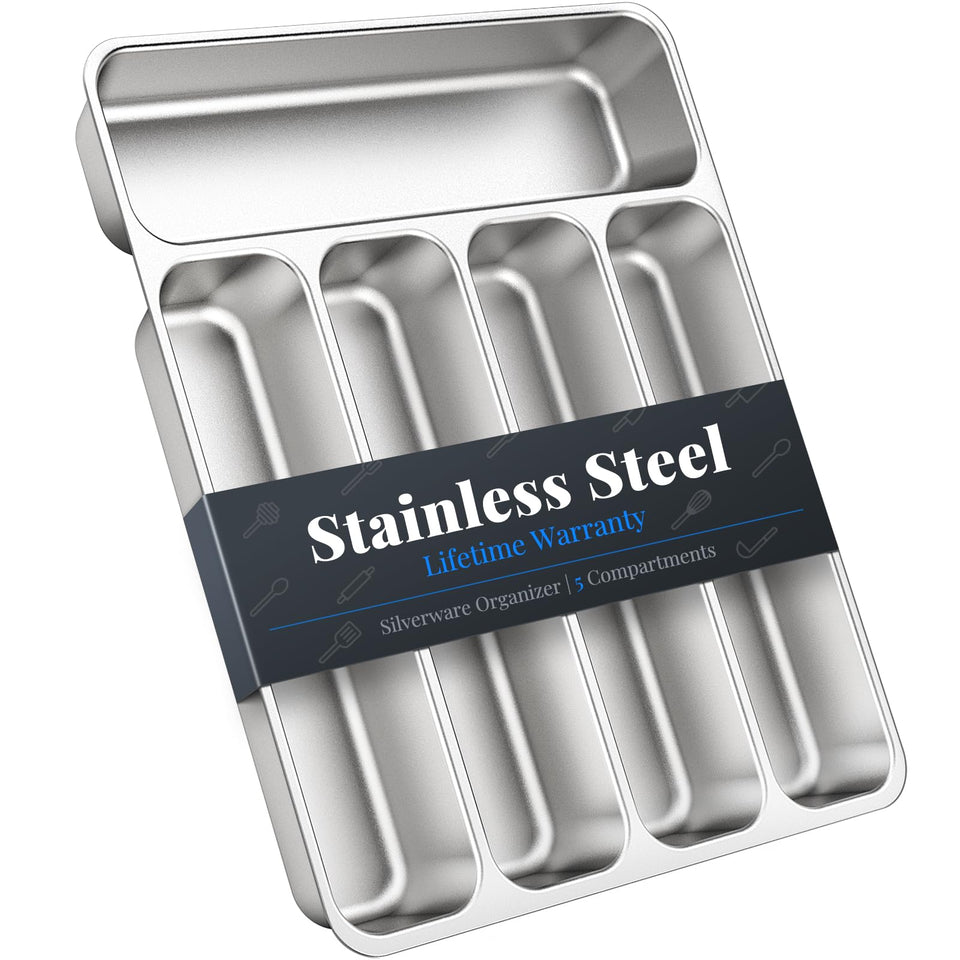 IKOCO silverware organizer with five compartments keeps utensils neatly separated for quick access