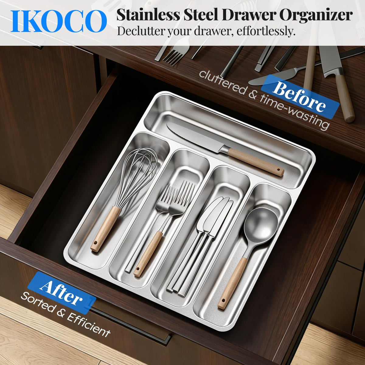 IKCO two-pack in-drawer organizers fit standard kitchen drawers neatly for easy access.