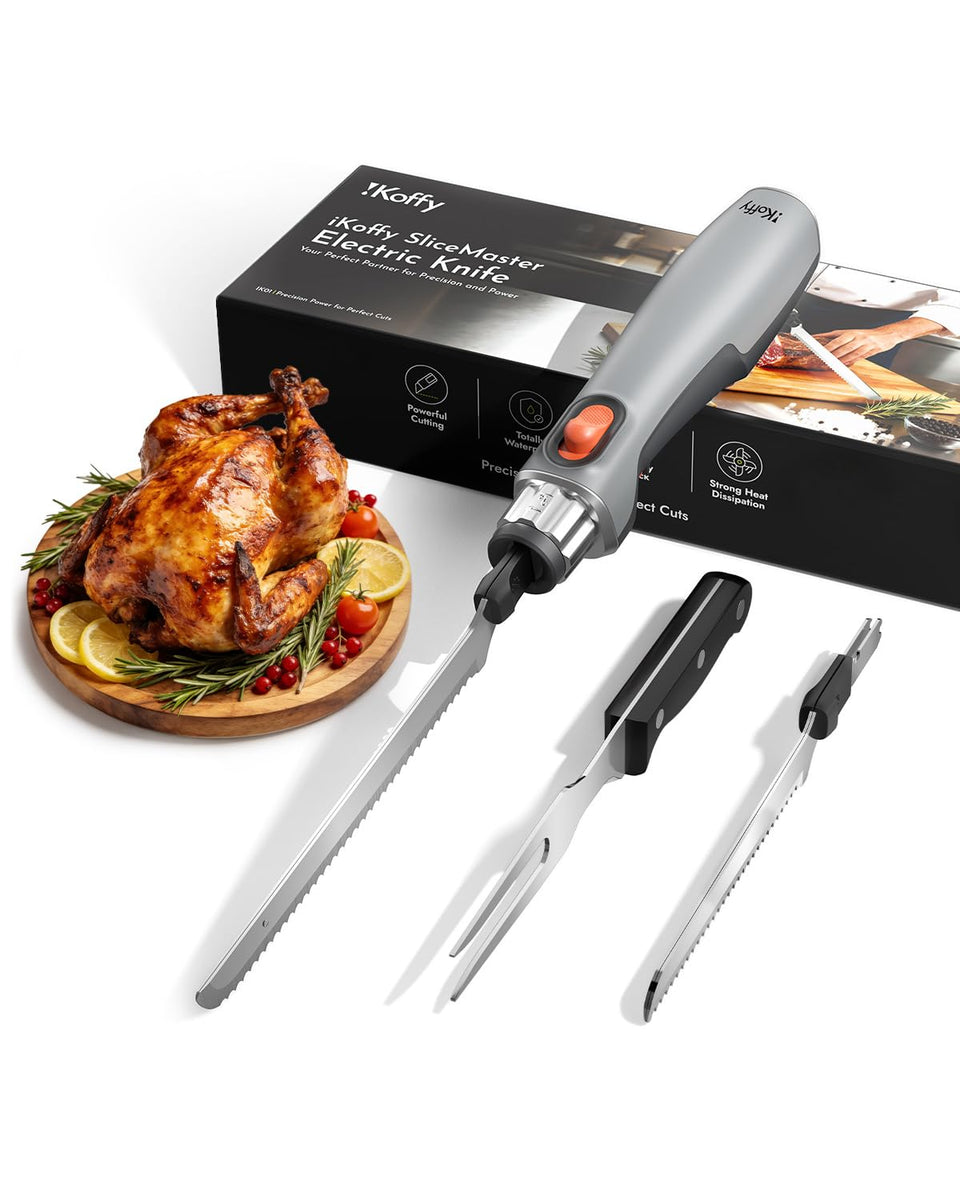 iKoffy SliceMaster cordless knife motor delivers powerful cuts for precision prep.