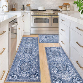 Ileading Boho kitchen rugs set 3-piece for full floor coverage in blue