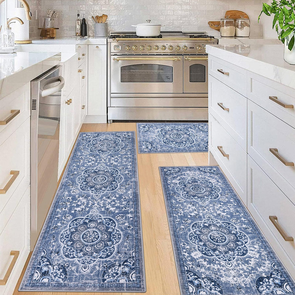 Ileading Boho kitchen rugs set 3-piece for full floor coverage in blue