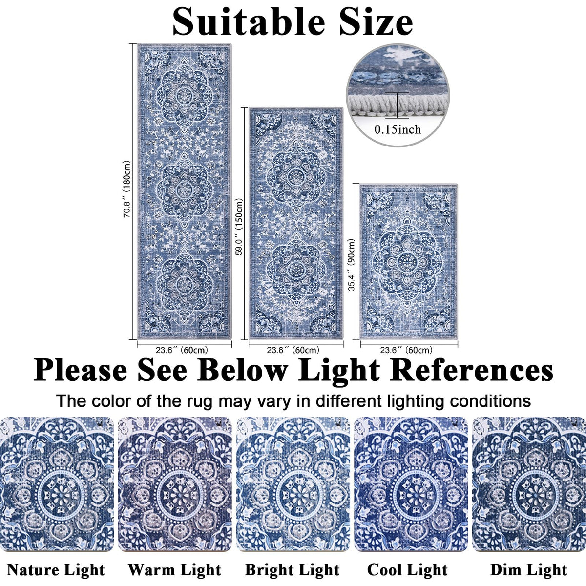 Ileading Boho kitchen runner blue with non-slip backing