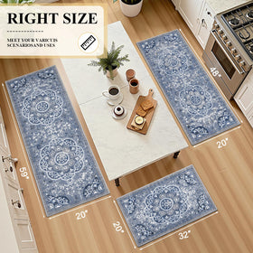 Ileading floral kitchen rug close-up highlights rich blue tones and texture