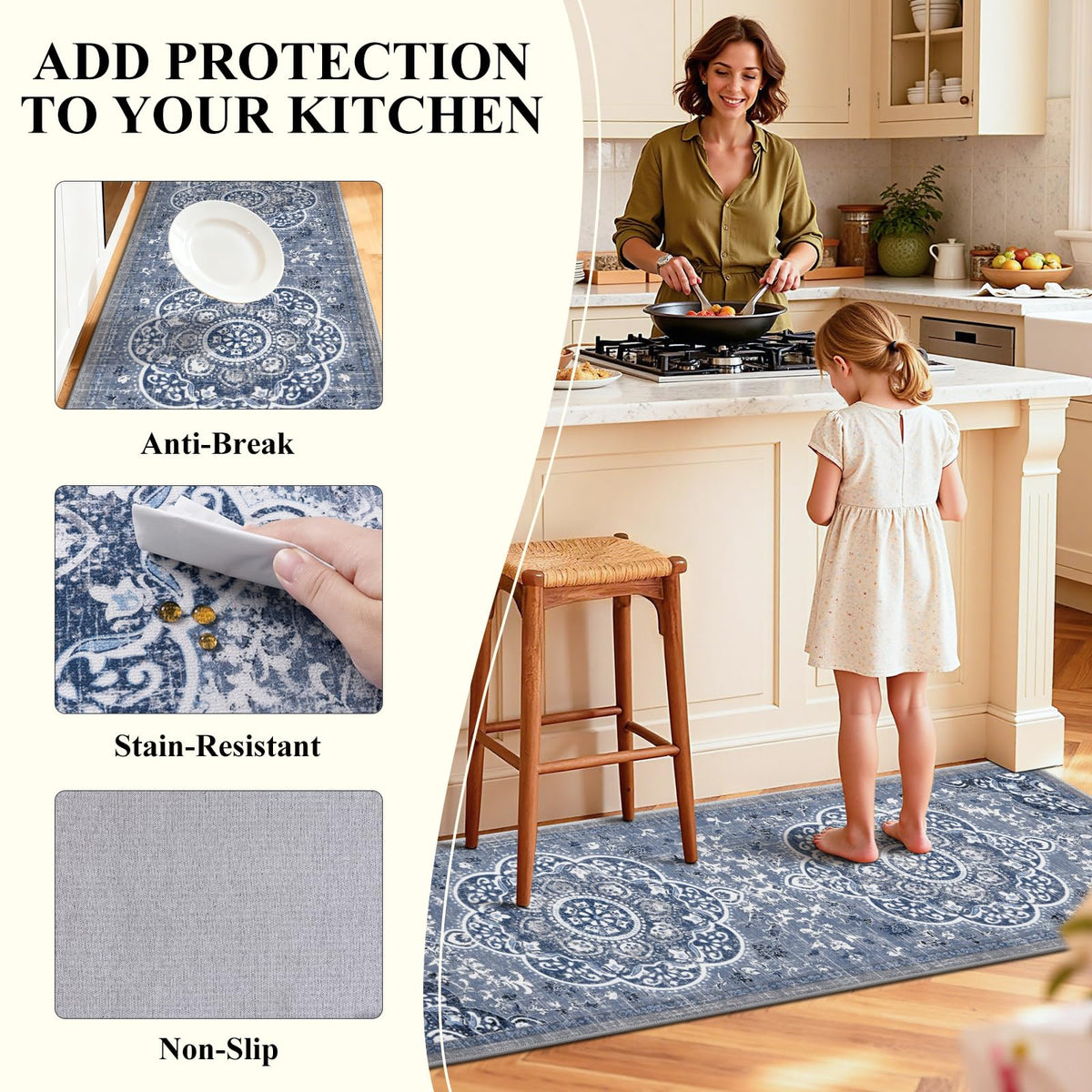 Ileading nonslip backing keeps the rug in place during daily chores