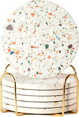 ilohaus terrazzo coaster-set with holder keeps surfaces dry and adds chic decor