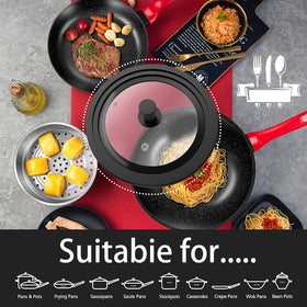 ILOVYO universal lid fits 9-12 inch cookware for versatile kitchen use.