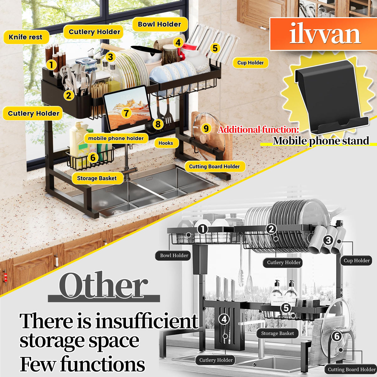 ilvvan large-dish-capacity rack holds plates and bowls.