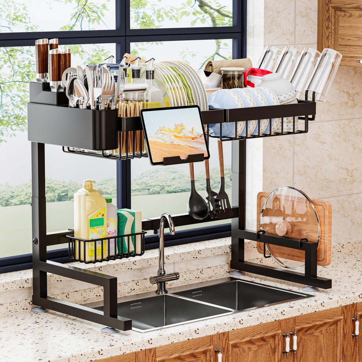 ilvvan over-sink drying rack setup saves counter space.
