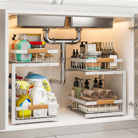 ilvvan under-sink organizer with two tiers and expandable height for space-saving storage.