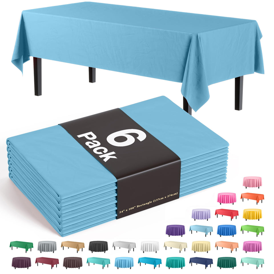 Party Solids Exquisite 6-Pack Premium Plastic Tablecloth – Sky Blue, 54x108 in (Up to 8 ft)