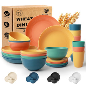 BUSOKIP Wheat Straw Dinnerware Set for 8 – 32-Piece Unbreakable Plates, Bowls & Cups, Microwave Safe