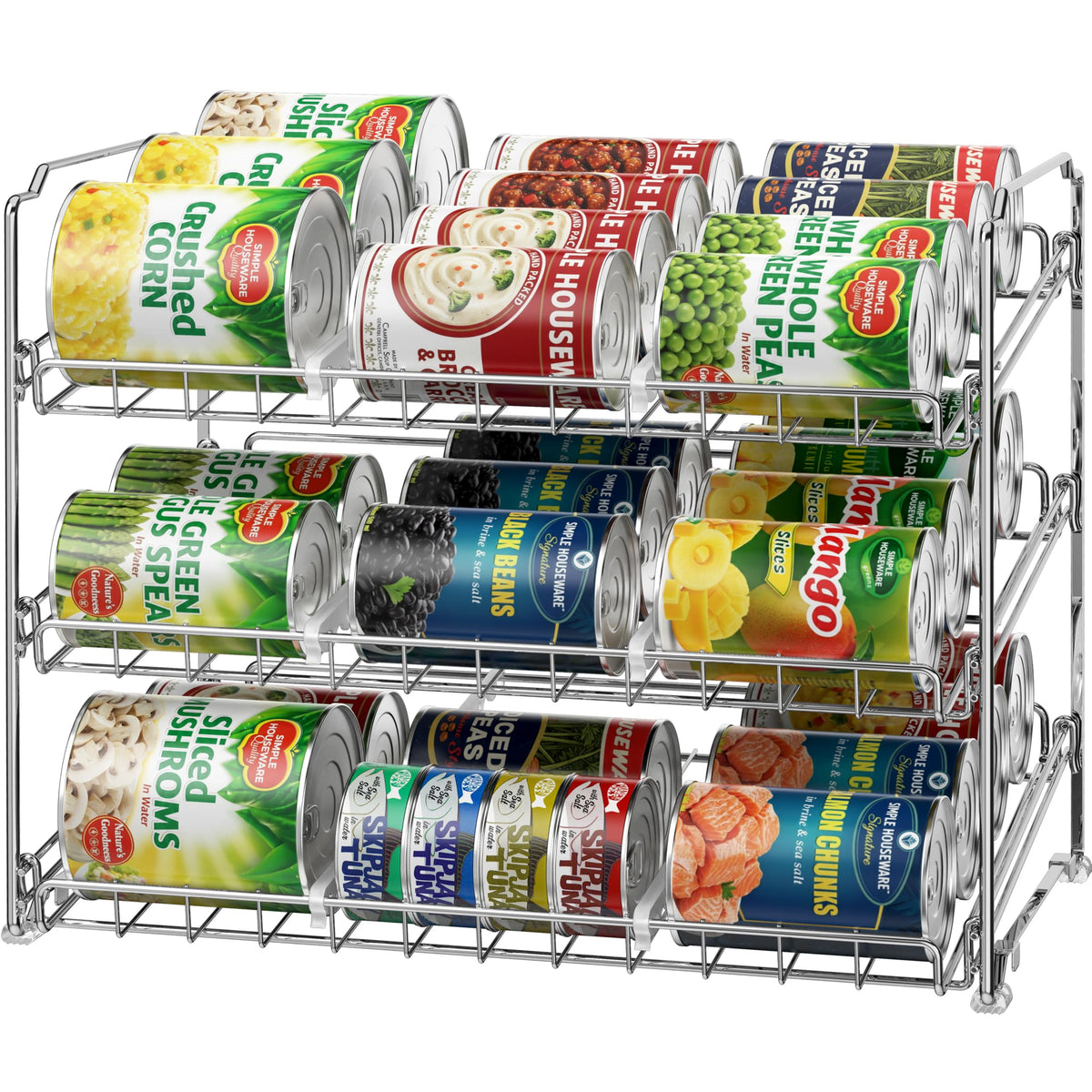 Simple Houseware stackable can organizer rack front view shows spacious three-tier design for organized pantries.