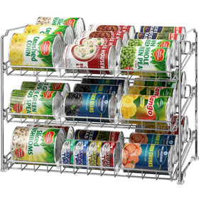 Simple Houseware stackable can organizer rack front view shows spacious three-tier design for organized pantries.