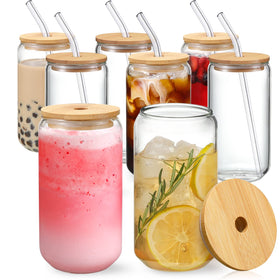 NETANY 8pc Glass Set with Bamboo Lids & Glass Straws – 16oz Drinking Cups, Gift-Ready