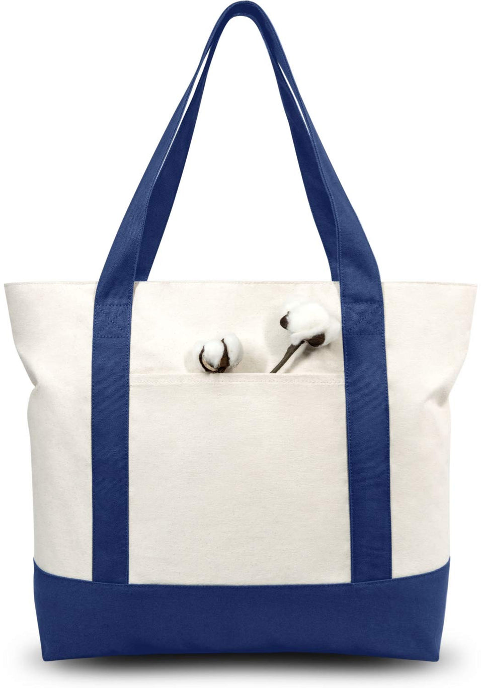 TOPDesign Canvas Tote Bags 3-Pack – Exterior Pocket, Zipper Closure (Blue/Natural)
