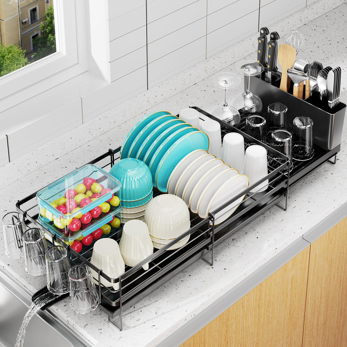 Pantasia large dish rack in 13.4-inch setup for compact counters and organized plates.