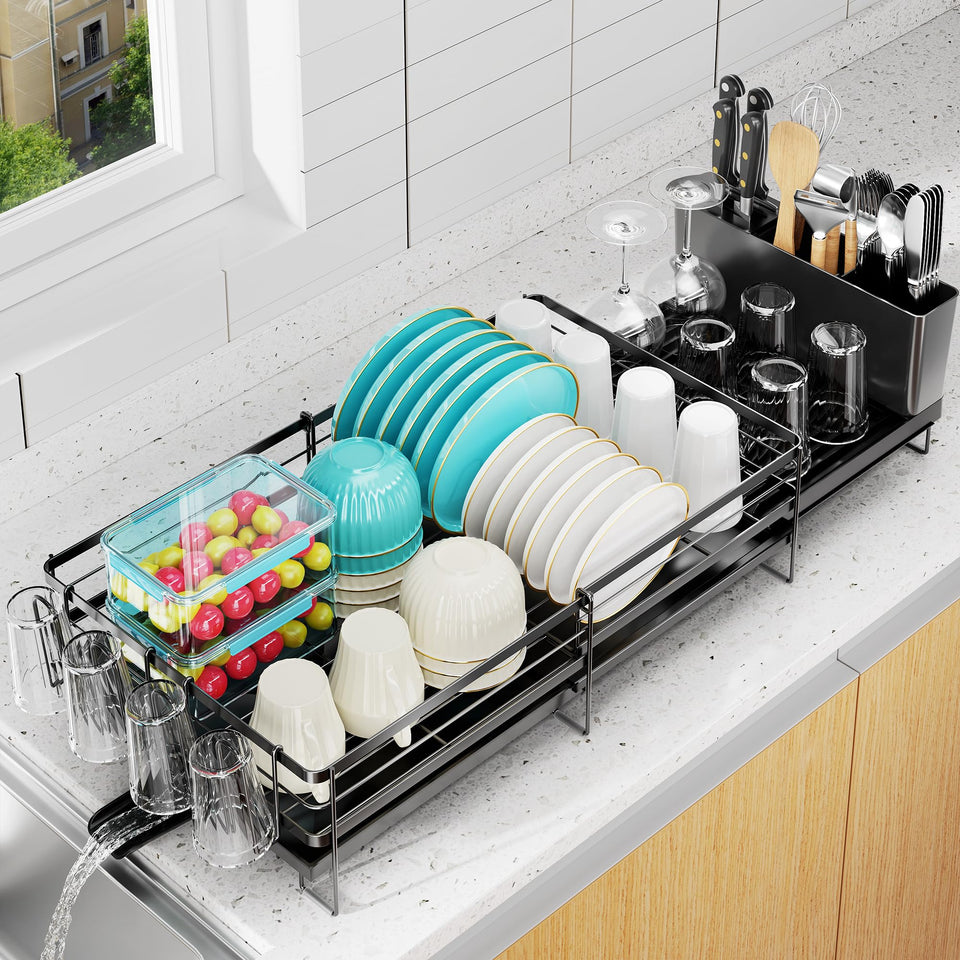 Pantasia large dish rack in 13.4-inch setup for compact counters and organized plates.