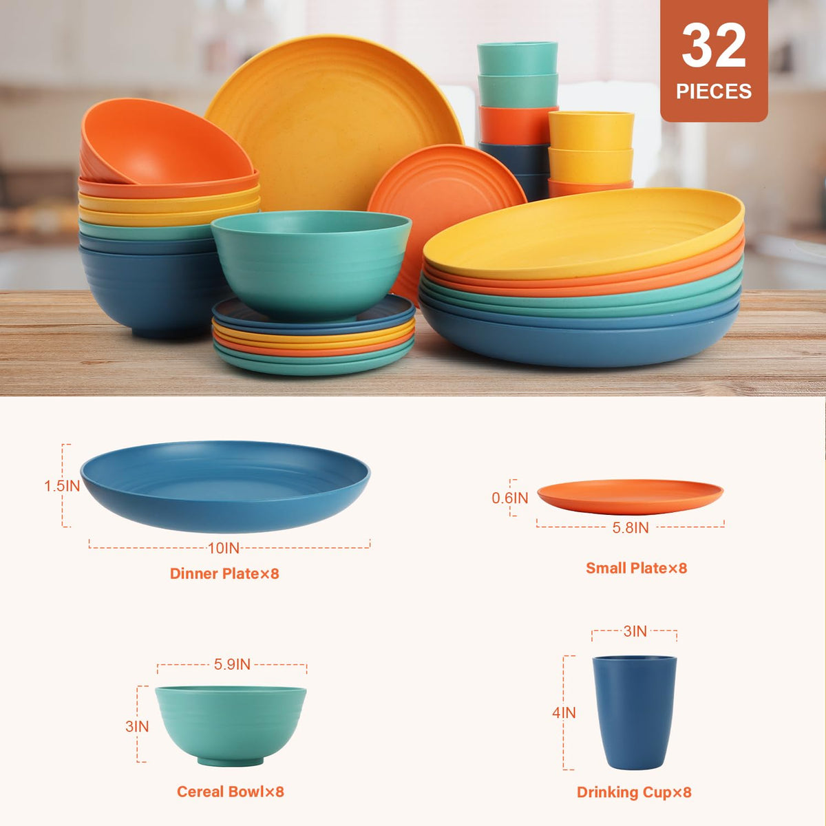 BUSOKIP Wheat Straw Dinnerware Set for 8 – 32-Piece Unbreakable Plates, Bowls & Cups, Microwave Safe