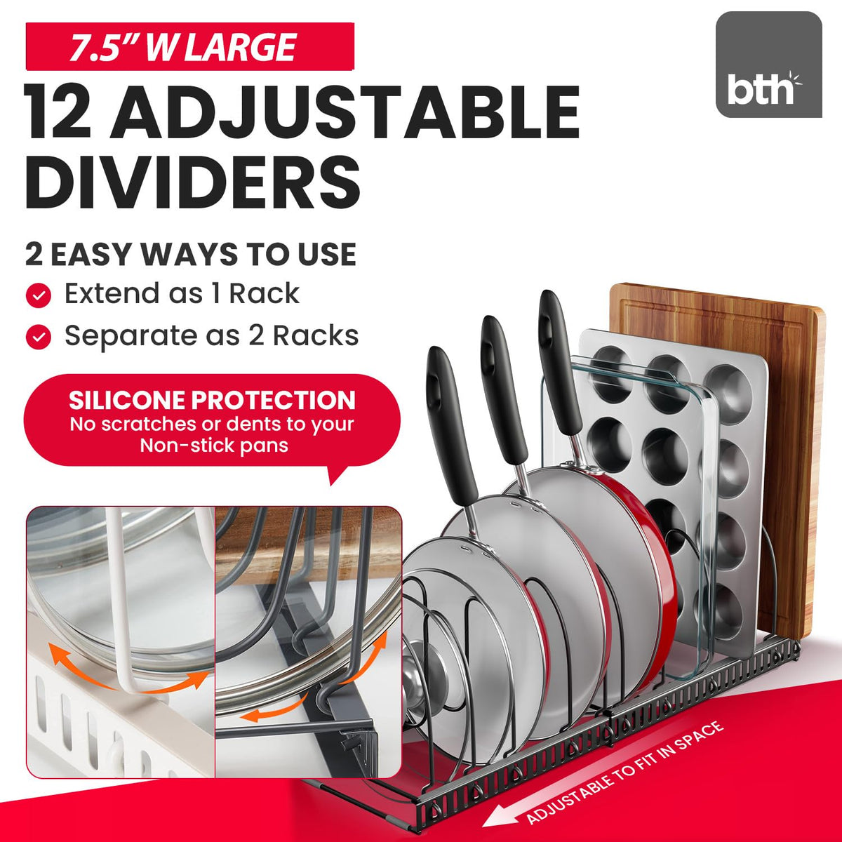 Better Things Home 7.5-inch Wide 12-Slot Adjustable Pan & Lid Organizer – Under-Cabinet Rack