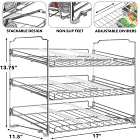 Simple Houseware stackable can organizer rack side view highlights compact footprint for efficient pantry storage.