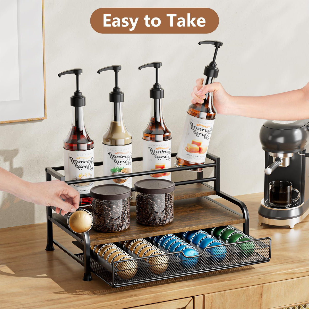 PONEYA syrup rack top shelf with bottles mugs and accessories for quick access