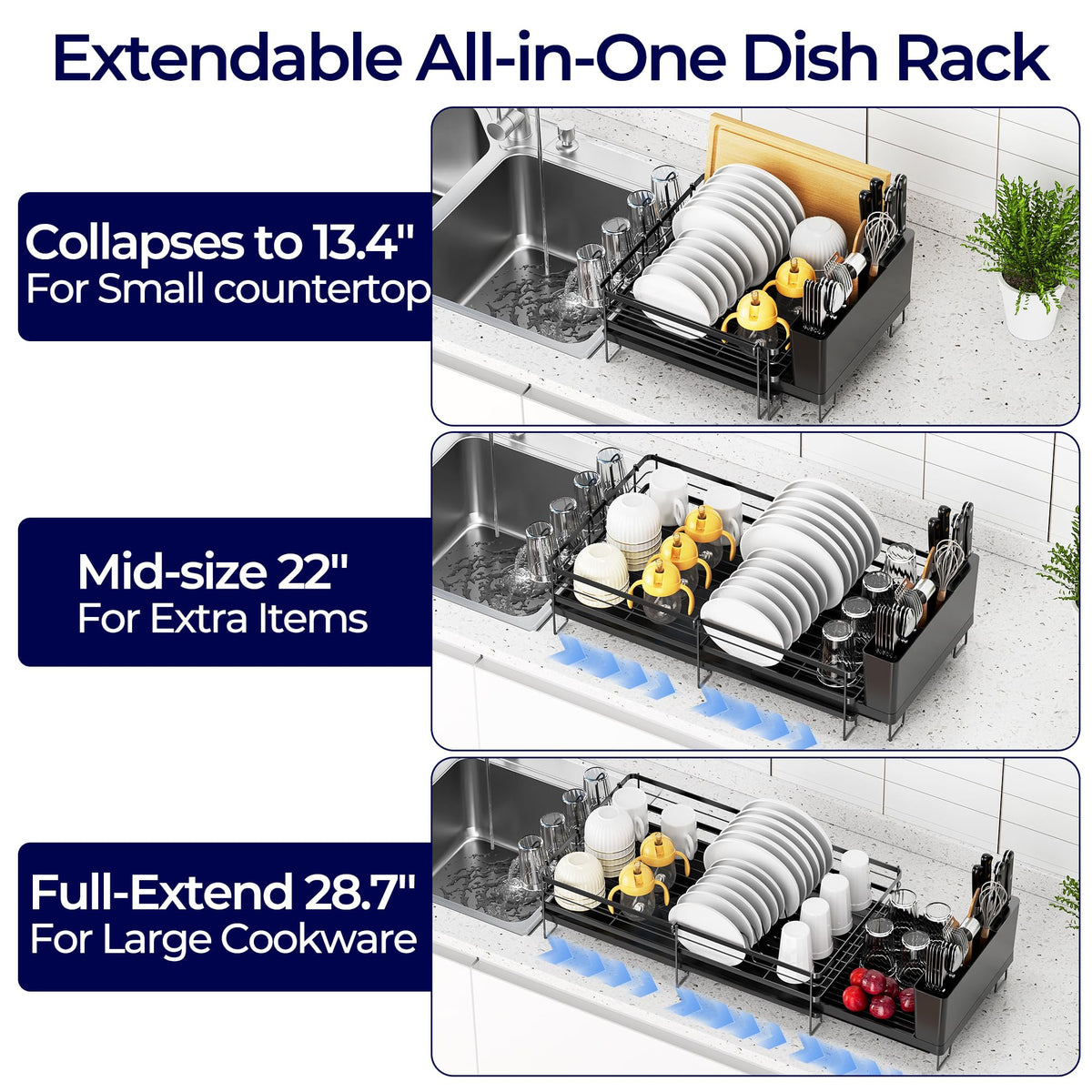 Pantasia rack extended to 22 inches showing extra space for bowls and cups.