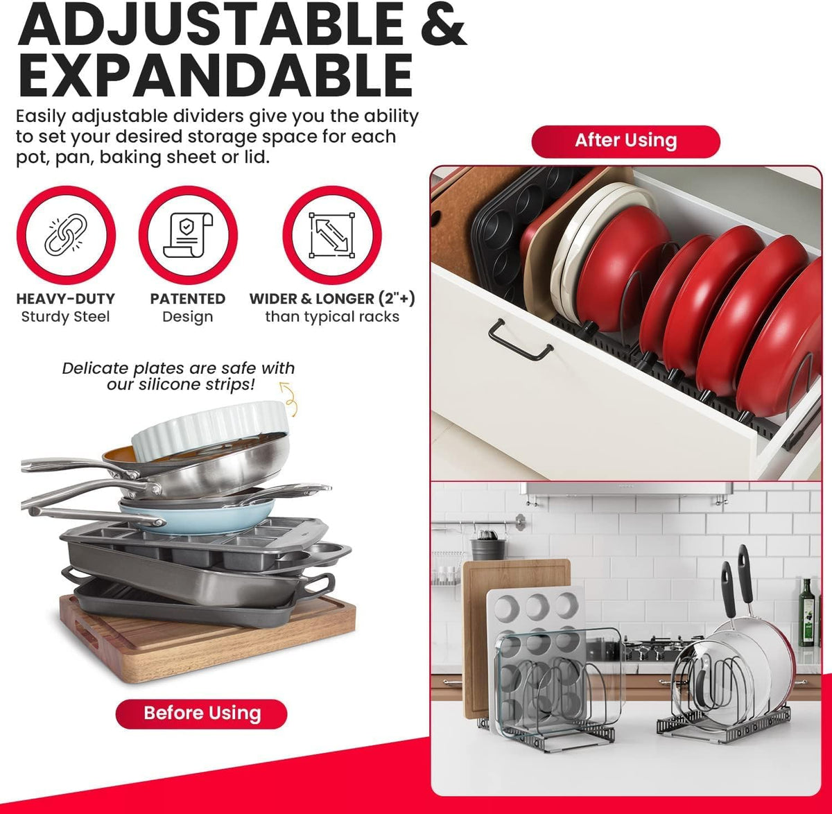 Better Things Home 7.5-inch Wide 12-Slot Adjustable Pan & Lid Organizer – Under-Cabinet Rack