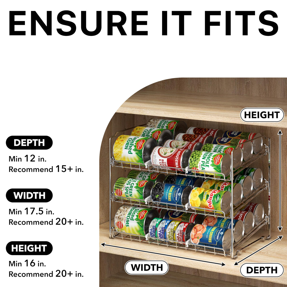 Simple Houseware stackable can organizer rack stacked configuration demonstrates space-saving three-tier setup.