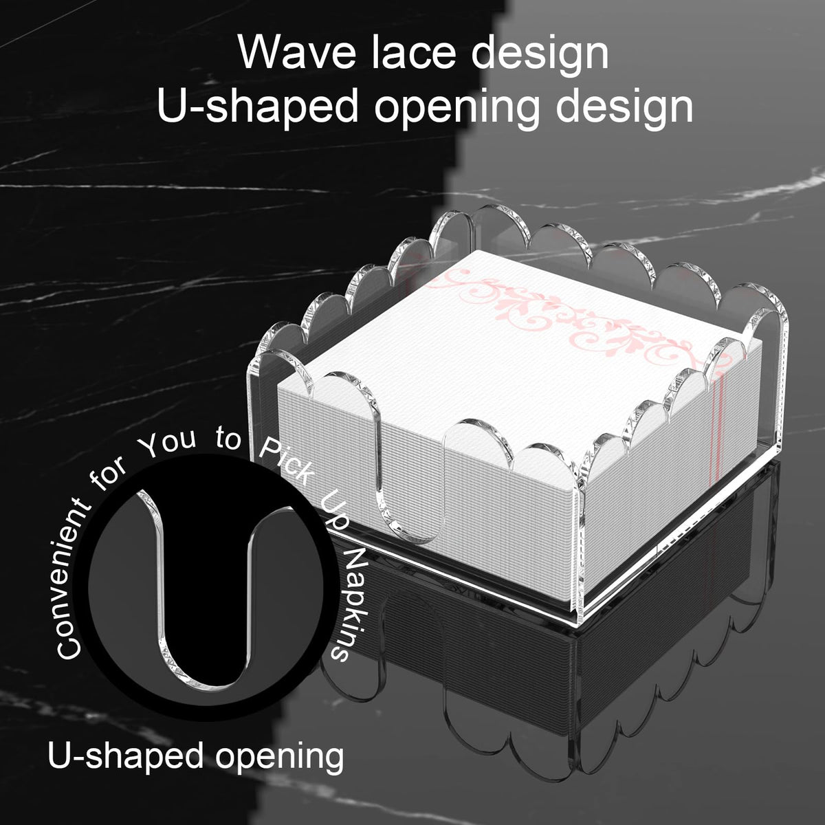 YAGELI Acrylic Napkin Holder – Clear Scalloped Tray for Cocktails, Kitchen & Bar (5.4x5.2x2.5 in)